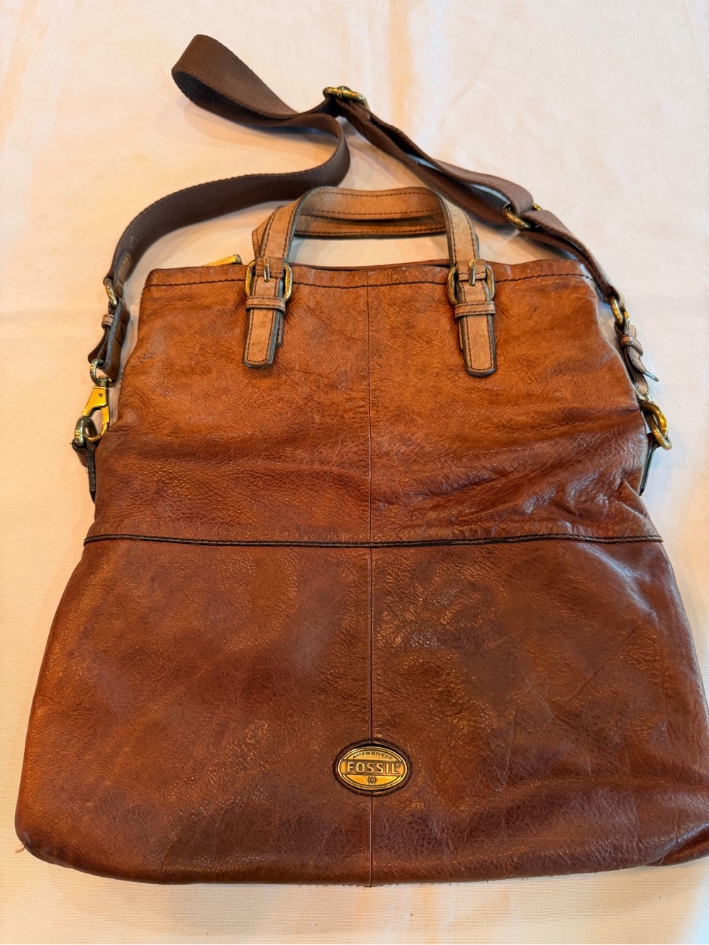 Fossil Explorer XL Brown Leather Foldover Tote with Brass Hardware